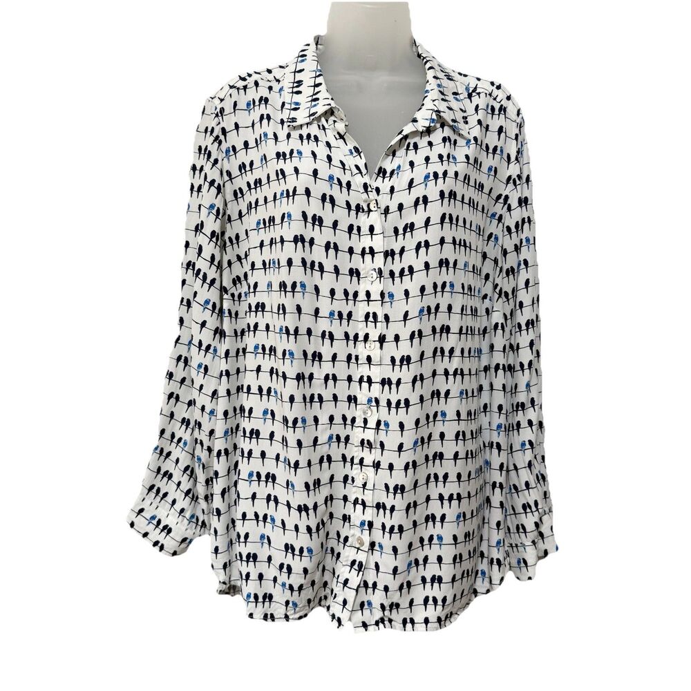 Jane and Delancey Womens Plus 1X Bird Print Button Up Shirt Roll Tab Sleeve Top - Picture 1 of 11